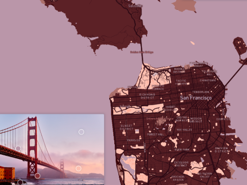 On this picture you can see the map of San Francisco, in colors of the Golden Bridge that is located in San Francisco  